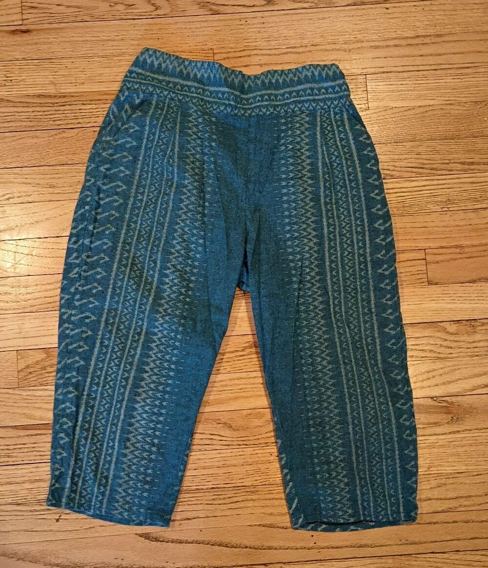 Women's Cropped Pants Baggy Pocket Indian Asian Elastic Waist Comfy Blue